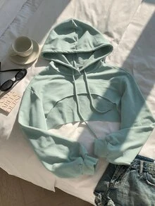 SHEIN EZwear 抽繩細節超短版連帽衛衣－黑白配色，秋冬長袖上衣 - 薄荷綠 - 查看 3