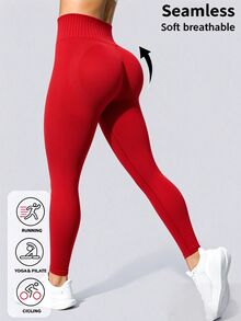 Easithlete Easithlete 女款純色高腰日常健身舒適寬鬆運動緊身褲 健身房穿搭 紅色 秋季 - 紅色 - 查看 3