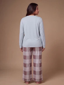 Lazeform Plus Size Women's 100% Cotton TOP Knitted Embroidered Top And Plaid Print Long Pants Pajama Set - Multicolor - View 2