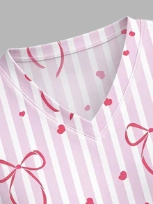 PopScrub Casual Minimalist Scrub Uniform Top Striped Bow Cute Loose V-Neck Short Sleeve Pocket Top - Multicolor - View 4
