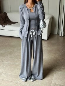 SHEIN EZwear Autumn/Winter Comfortable Knit Casual 3 Pieces Set - Grey - View 7