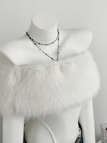 Elamini Women's Autumn/Winter Sexy White Fuzzy Off Shoulder Bandeau Tight Sexy Bodysuit - White - View 6