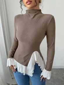 Elenzga 女款對比飾邊不對稱下擺高領T恤，秋冬女裝，聖誕 - 彩色 - 查看 4