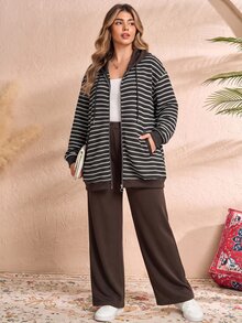 Rusticease Plus Size Women's Striped Zip-Up Hooded Jacket And Pants Casual 2 Pieces Set - Brown - View 3
