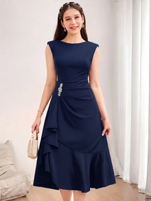 SHEIN فستان أزرق أنيق مزين بتجاعيد وكشكشة بدون أكمام للفتيات المراهقات - أزرق بحري - مشاهدة 2