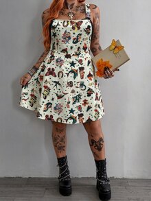Whyspr Plus Size Spring/Summer Multi-Color Patchwork Strap Dress - Apricot - View 3