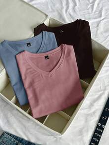 SHEIN EZwear 3件組女款夏季V領修身T恤，龐克次文化動漫純色基礎款V領短袖修身T恤 - 彩色 - 查看 7