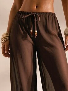 Opulessa Women's Vacation Waist Tie Wide Leg Loose Cover-Up Pants - Khaki - View 8