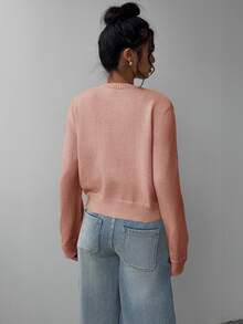SHEIN Tall CURVE 大尺碼休閒 80 年代寬鬆柔軟正常版型純色圓領長袖短版女款黃色針織開襟衫 秋冬春季辦公通勤 - 藕粉色 - 查看 2