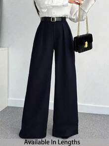 SHEIN Tall CURVE 大尺碼女款純色百褶休閒優雅百搭寬腿褲，高腰黑色，適合日常穿著、通勤、職場辦公、正式場合，秋季款 - 藏蓝色 - 查看 1