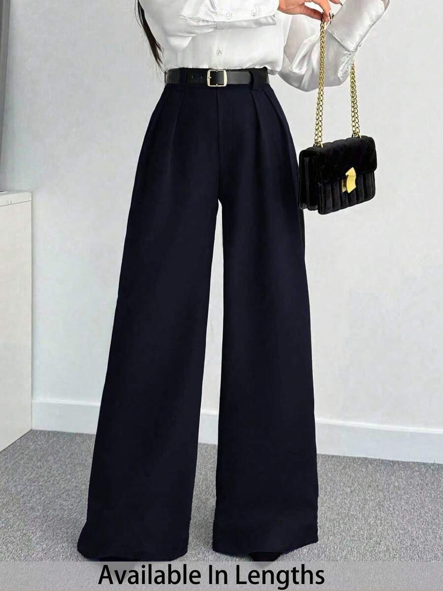 SHEIN Tall CURVE 大尺碼女款純色百褶休閒優雅百搭寬腿褲，高腰黑色，適合日常穿著、通勤、職場辦公、正式場合，秋季款 - 藏蓝色 - 查看 1