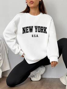 SHEIN EZwear 休閒極簡鬆款圓領衛衣與緊身內搭褲 2 件套，附紐約英文印花圖案 - 彩色 - 查看 3