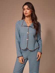 Lazeform Women's Casual Knitted Striped Long Sleeve Pants Bow Decor Loungewear Pajama Set - Multicolor - View 1