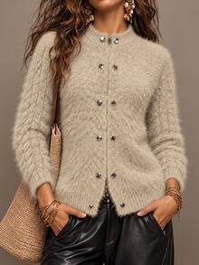 SHEIN Women's Autumn/Winter Loose Knit Cardigan, Faux Mink Fur Feel Thickened Sweater Jacket With Napoleon Buttons And Zipper Front - Camel - View 4