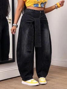 Slaydiva Plus Size Women's Front Knot Curved Leg Casual Loose Fit Jeans - Black - View 4
