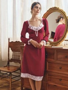 Côtesoire Women's Elegant Southern French Style Contrast Color Lace Long Sleeve Nightgown - Burgundy - View 6