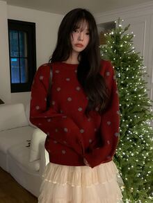 DAZY Women's Round Neck Polka Dot Loose Fit Casual Pullover Sweater - Red - View 2