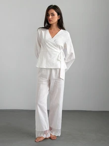 Livesso Women's Lace Patchwork Tie-Up Top And Long Pants Pajama Set - White - View 10