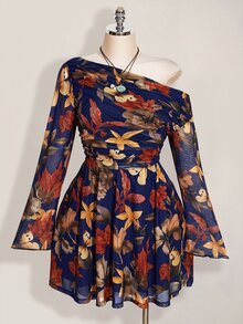SHEIN ICON 大尺碼 Y2K 楓葉印花網紗長袖洋裝，復古休閒修身連身裙，適合春秋穿著 - 藏蓝色 - 查看 3