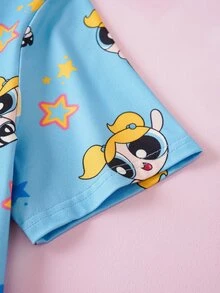 THE POWERPUFF GIRLS X SHEIN THE POWERPUFF GIRLS 青少女短袖上衣與短褲居家服套裝 - 藍色 - 查看 5