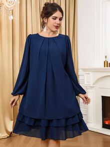 Miaspire Women's Plus Size Blue Lantern Sleeve Ruffle Hem Dress, Autumn/Winter - Blue - View 7