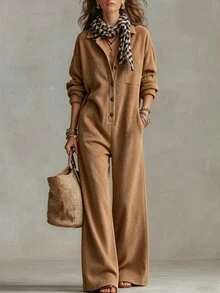 Breezaya Women's Solid Color Collared Button Pocket Design Elegant Casual Vacation Daily Easy-To-Match Long Sleeve Jumpsuit, New For Autumn, Winter, Spring - Brown - View 5