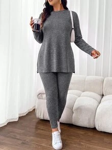 SHEIN Frenchy 大尺碼針織居家底層休閒舒適女款2件套瑜伽運動服 自發熱衣 日常外出穿搭套裝 - 灰色 - 查看 4