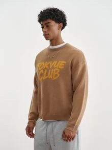TOKVUE Men's Letter Print Long Sleeve Casual Versatile Sweater - Khaki - View 5