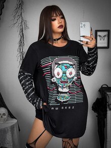 Whyspr Rick and Morty X SHEIN Black Pixel Robot Print 2 In 1 T-Shirt Dress, Cyber Y2K Street Goth Style, Spring Autumn, Halloween Comic-Con Daily Wear Fall - Black - View 5
