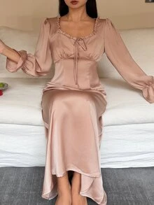 DAZY Women's Solid Color Pleated Casual Daily Home Sleep Dress - Pink - View 4