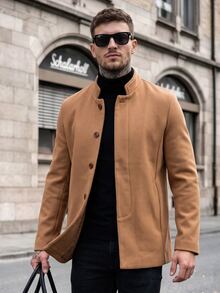 Manfinity CasualCool Men's Street Minimalist Button Long Sleeve Overcoat - Khaki - View 1