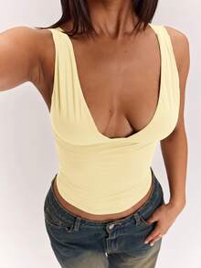 SHEIN BAE 95%棉女款休閒性感修身深V領背心 - 淡黃色 - 查看 8