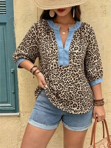 Linhara Fashion Casual Vacation Vintage Elegant Commute 3/4 Sleeve Blue Printed Blouse Fall - Blue - View 6