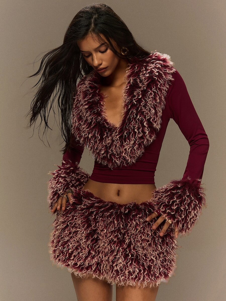 TypaGal Fall Winter Y2k Halloween Christmas Sexy Going Out Luxury Formal Rave Club Vacation Red Women's Vintage Street Style Faux Fur Patchwork Top - Burgundy - View 1