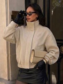 Cévolie Women's Solid Color Stand Collar Casual Daily Long Sleeve Jacket - Apricot - View 1