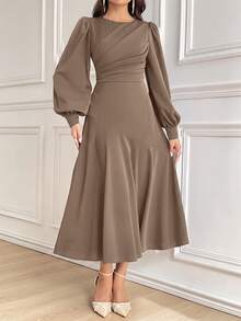 Modelyn 酒紅色女款純色圓領燈籠袖百褶優雅中長洋裝，秋季長款晚禮服，端莊黑色中長洋裝 - 駝色 - 查看 6
