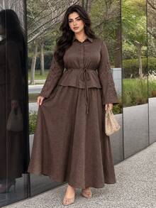 Solavon Plus Size Button Long Sleeve Shirt And Midi Skirt 2 Pieces Set - Coffee Brown - View 5