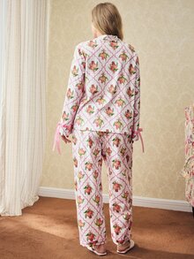 Elorette Plus Size Floral Print Button-Up Top And Pants Pajama Set - Pink - View 2