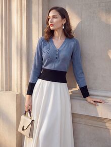 SHEIN PariChic Colorblock Heavy Embroidery Hand-Knitted Long Sleeve Sweater - Aqua Blue - View 4