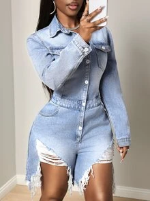 Slaydiva Women's Distressed Design Casual Everyday Denim Romper - Blue - View 3