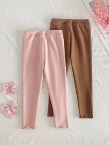 SHEIN 2件組 秋冬保暖內裡加厚連身女童毛絨褲，甜美可愛百搭軟底，密集毛邊飾邊，可愛蝴蝶結刺繡打底褲 - 彩色 - 查看 2