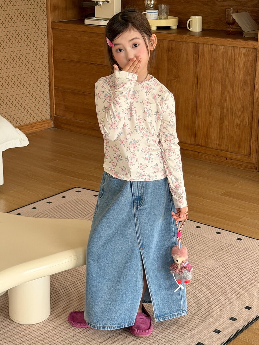 DAZY Tween女孩不對稱設計開衩長裙,秋季水洗藍牛仔裙 - 中等水洗藍 - 查看 1