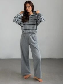 DAZY Women's Striped Long Sleeve Hooded Top And Pants Casual Pajama Set - Grey - View 6