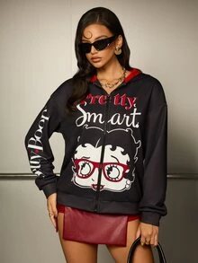 Betty Boop x SHEIN Women's Letter Cartoon Print Casual Daily Sweatshirt - Black - View 7