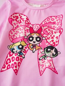THE POWERPUFF GIRLS X SHEIN 少女卡通印花上衣搭配豹紋長褲家居服套裝 - 彩色 - 查看 5