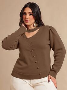Juhart Plus Size Women Solid Color Asymmetric Cutout Design Long Sleeve Button Detail Pullover Sweater - Brown - View 4