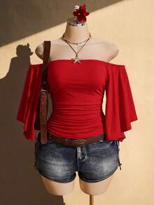 SHEIN ICON 女款大尺碼復古性感休閒千禧風 Y2K 波希米亞風度假風 荷葉袖 抓褶腰 棕色修身露肩上衣 - 紅色 - 查看 4
