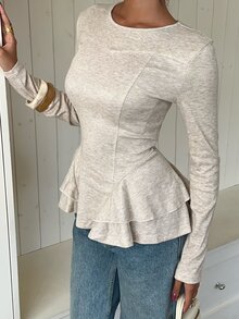 Siren Gaze Women's Solid Color Casual Round Neck Long Sleeve Ruffle Hem T-Shirt, Fitted Ruffle Hem Blouse, Knit Base Layer, Elegant Versatile Autumn/Winter T-Shirt - Apricot - View 6