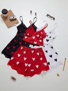 ZzzCrew Heart Print Lace Camisole & Shorts 2 Pieces Pajama Set, Sweet Sexy Cropped Waist Loungewear, 6-Piece Set - Black - View 7