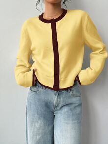SHEIN BASICS 女款對比色保暖飾邊薄款開襟衫，辦公日常穿搭，黑白配色，秋季優雅款，秋冬基礎款，返校外出穿搭 - 淡黃色 - 查看 9